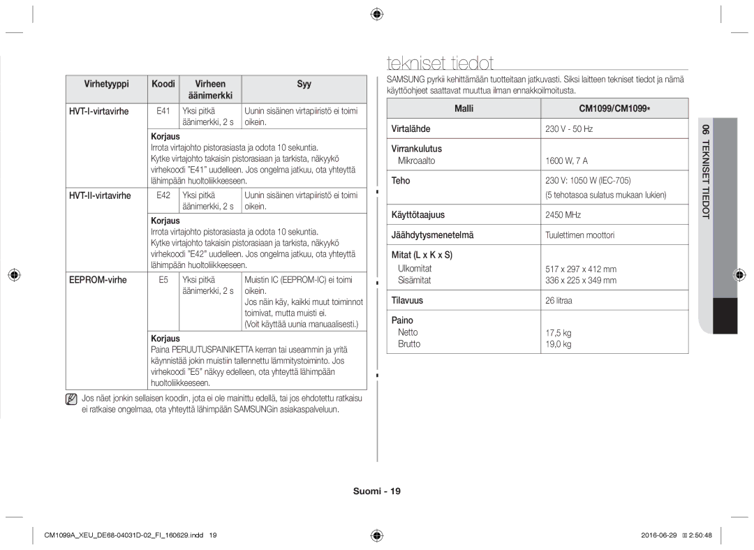 Samsung CM1099A/XEU manual Tekniset tiedot, Virhetyyppi Koodi Virheen Syy Äänimerkki, Malli CM1099/CM1099 