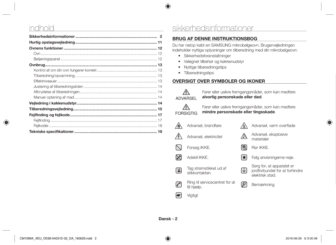 Samsung CM1099A/XEU manual Sikkerhedsinformationer, Forsigtig, Dansk 