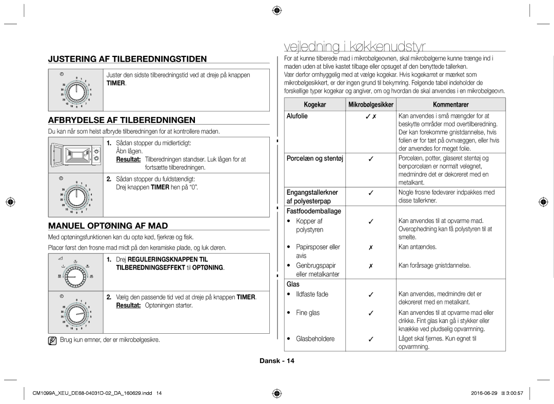 Samsung CM1099A/XEU Vejledning i køkkenudstyr, Justering af tilberedningstiden, Afbrydelse af tilberedningen, Kogekar 