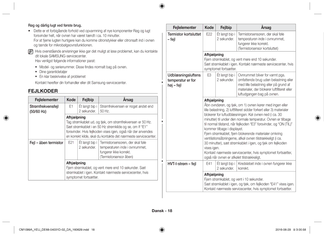 Samsung CM1099A/XEU manual Fejlkoder, Fejlelementer Kode Fejlbip Årsag, Afhjælpning 