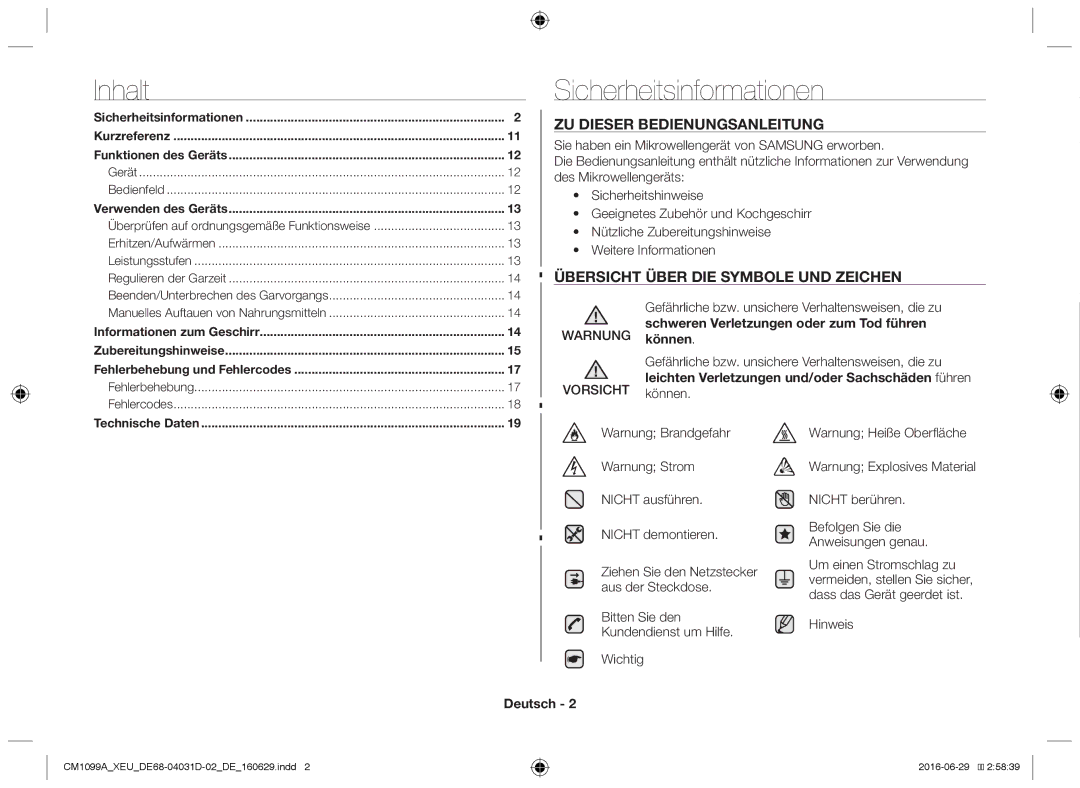 Samsung CM1099A/XEU manual Sicherheitsinformationen, Inhalt, Warnung Vorsicht, Hinweis, Deutsch 