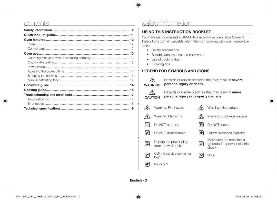 Samsung CM1099A/XEU manual Safety information, Contents 