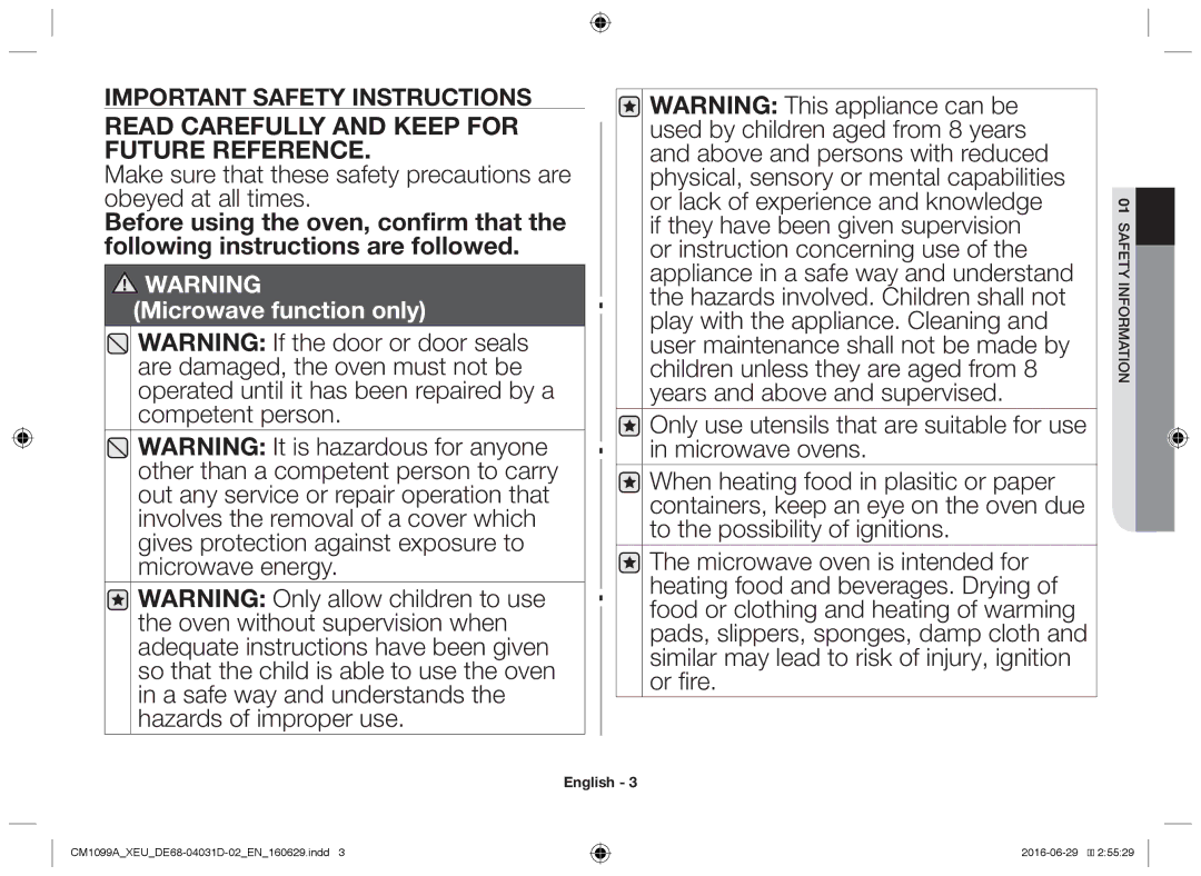 Samsung CM1099A/XEU manual Read Carefully and Keep for Future Reference, Feas 01mationfor iny 