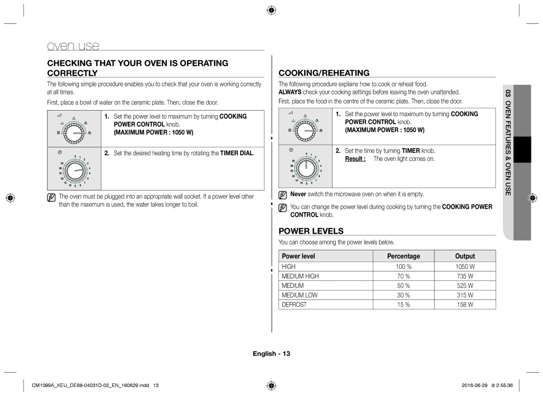 Samsung CM1099A/XEU manual Oven use, Checking that your oven is operating correctly, Cooking/Reheating, Power levels 