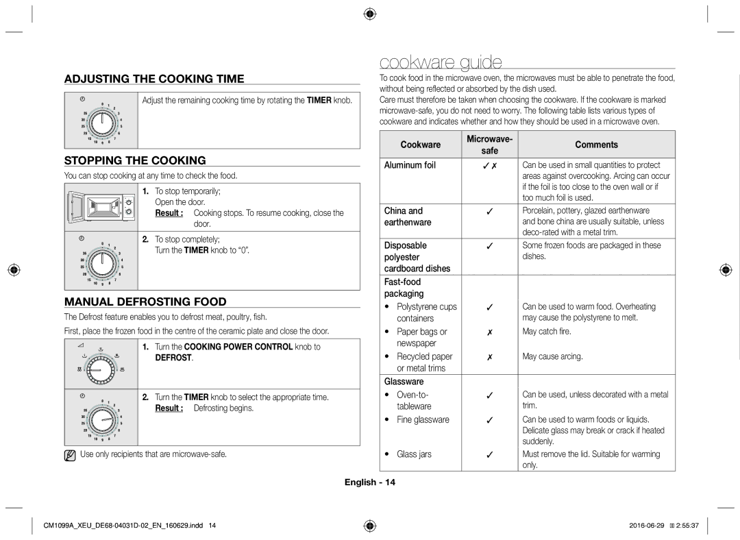 Samsung CM1099A/XEU manual Cookware guide, Adjusting the cooking time, Stopping the cooking, Manual defrosting food 