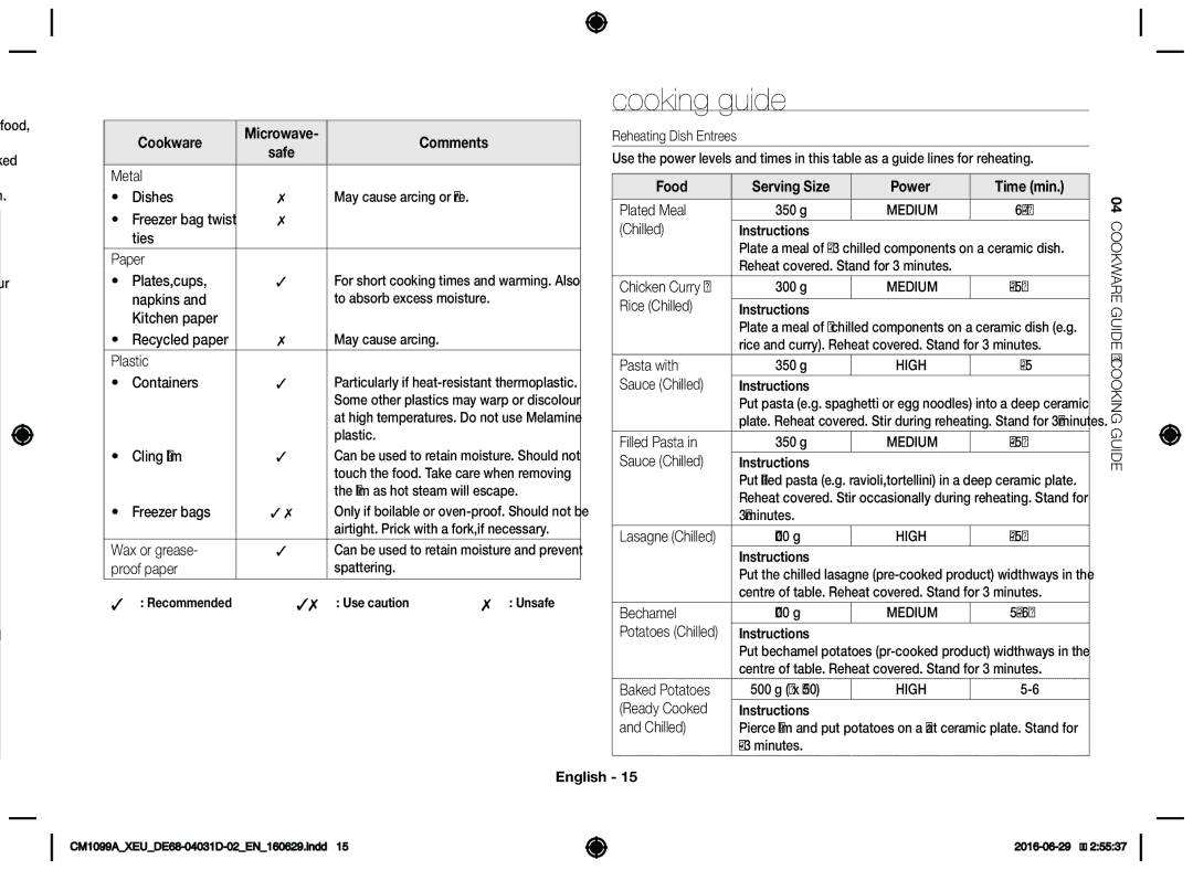 Samsung CM1099A/XEU manual Cooking guide, Food, Time min, Instructions 