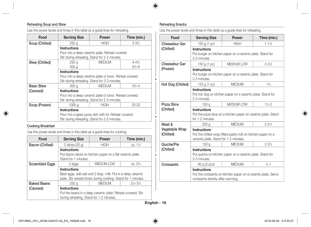 Samsung CM1099A/XEU manual Food Serving Size Power Time min 