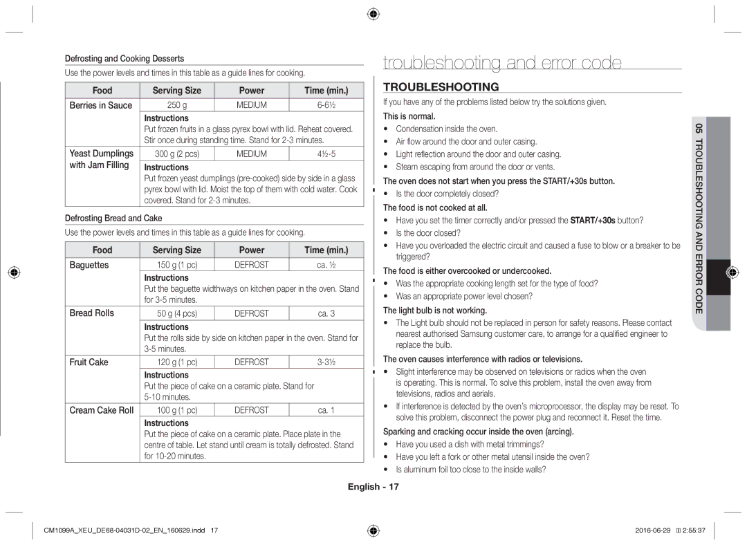 Samsung CM1099A/XEU manual Troubleshooting and error code 