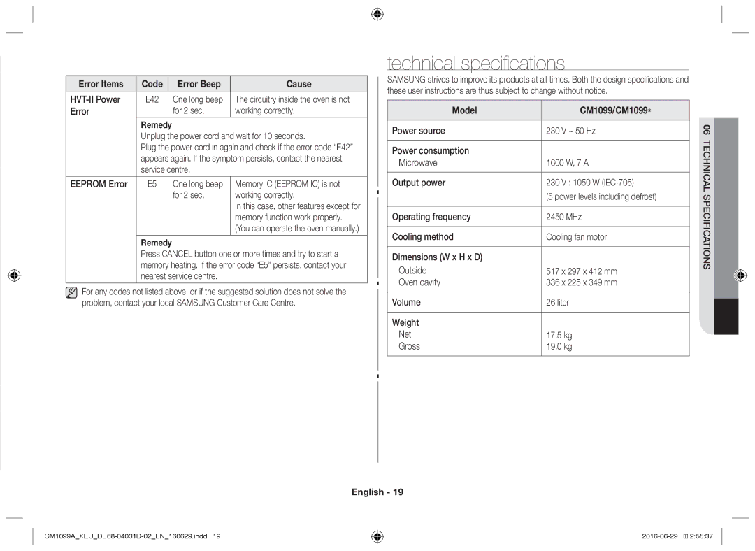 Samsung CM1099A/XEU manual Technical specifications 