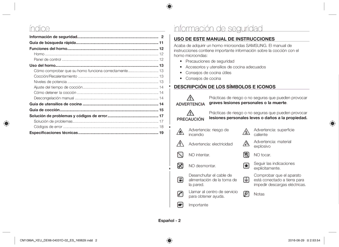 Samsung CM1099A/XEU Información de seguridad, Advertencia Precaución, Graves lesiones personales o la muerte, Español 