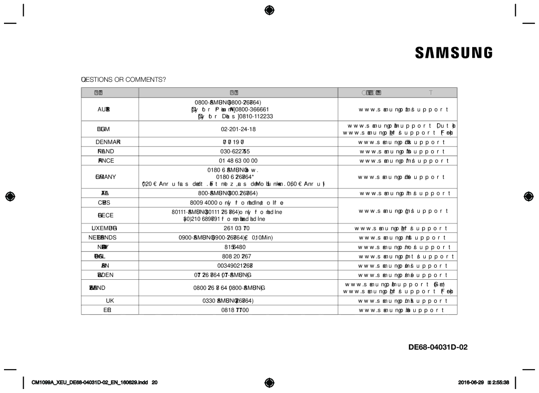 Samsung CM1099A/XEU manual Questions or COMMENTS?, Country Call Or Visit US Online AT 