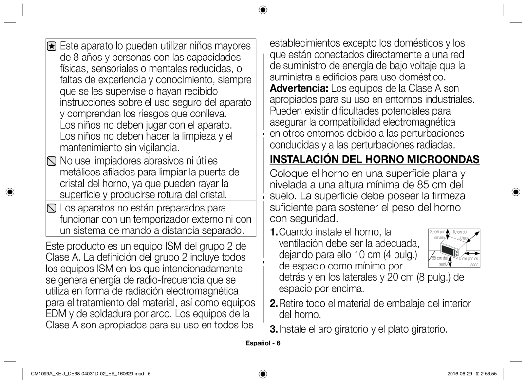 Samsung CM1099A/XEU manual Instalación del horno microondas 