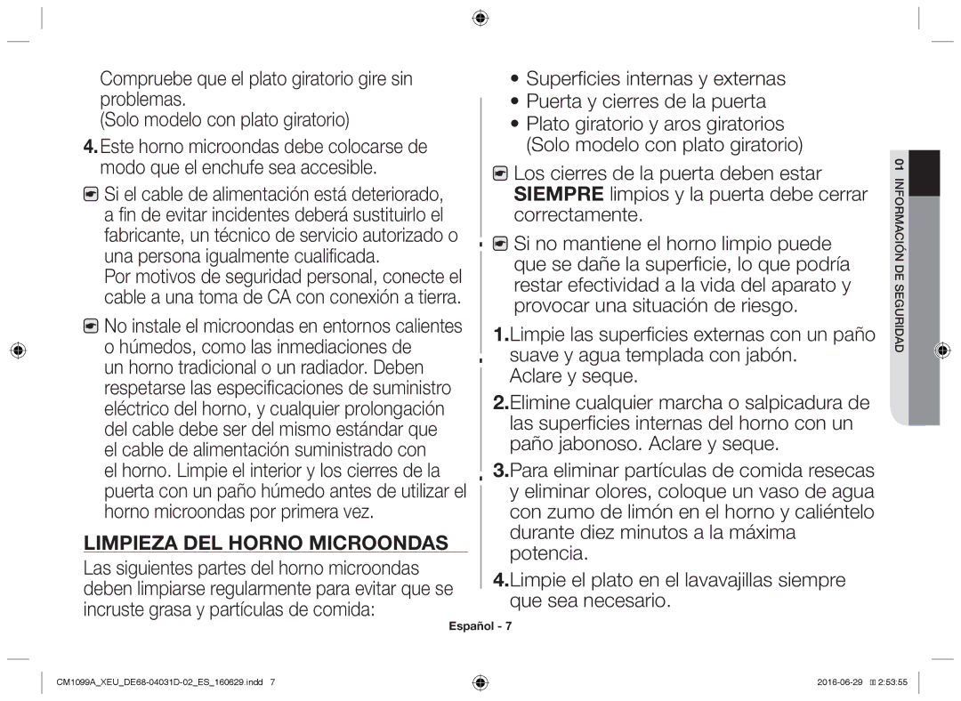 Samsung CM1099A/XEU manual Limpieza del horno microondas 