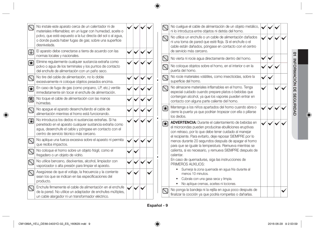 Samsung CM1099A/XEU manual No toque el cable de alimentación con las manos húmedas, Primeros Auxilios 