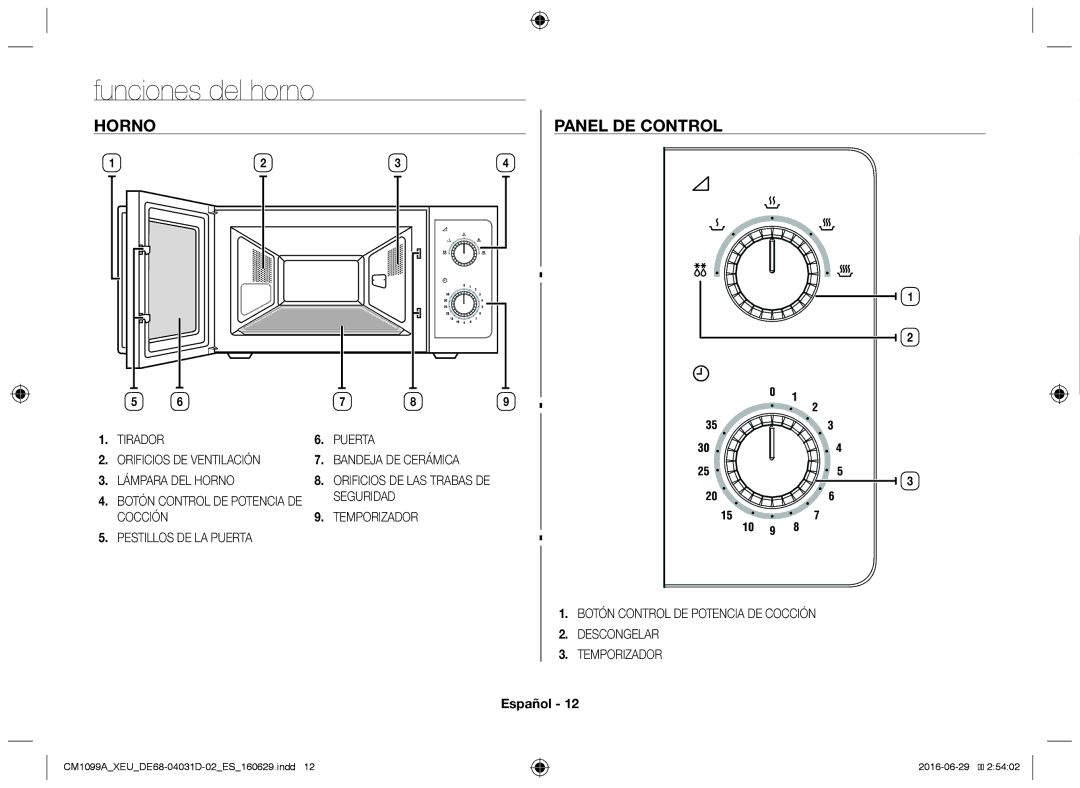 Samsung CM1099A/XEU manual Funciones del horno, Horno Panel de control, Tirador Orificios DE Ventilación Lámpara DEL Horno 