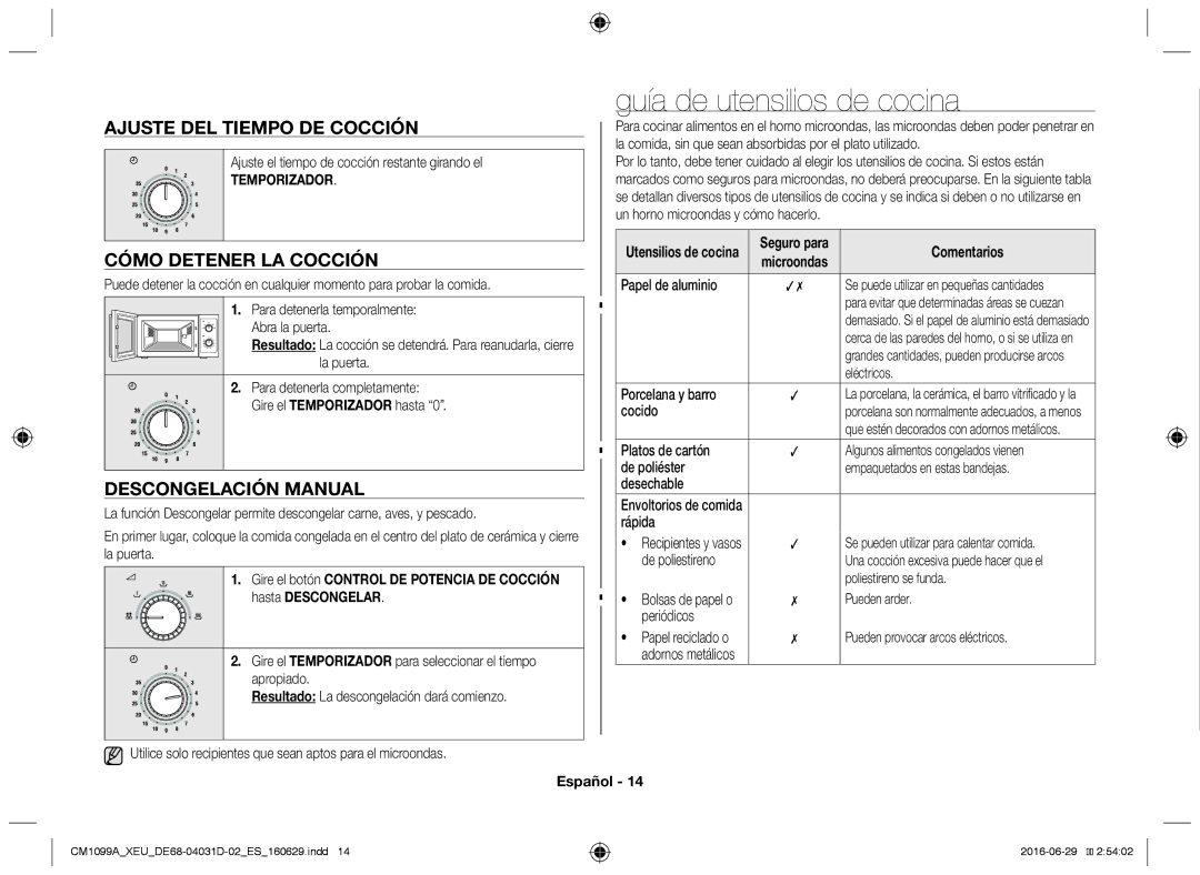 Samsung CM1099A/XEU manual Guía de utensilios de cocina, Ajuste del tiempo de cocción, Cómo detener la cocción, Comentarios 