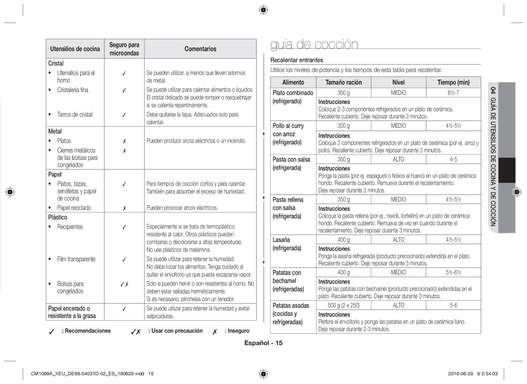 Samsung CM1099A/XEU manual Guía de cocción, Alimento, Nivel, Instrucciones 