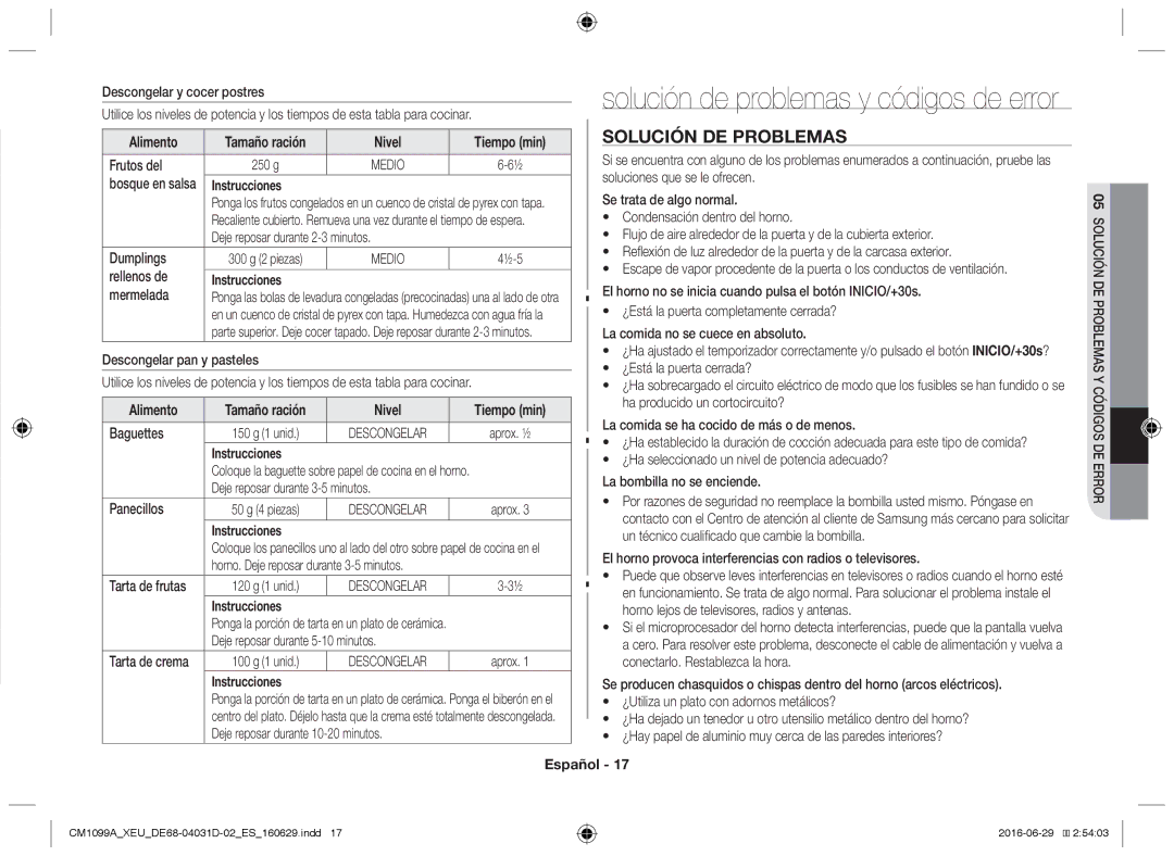 Samsung CM1099A/XEU manual Solución de problemas y códigos de error 