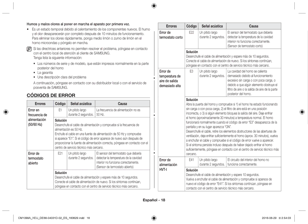 Samsung CM1099A/XEU manual Códigos de error, Errores, Causa, Solución 