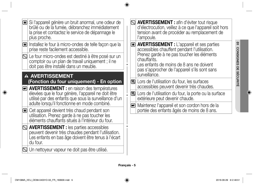 Samsung CM1099A/XEU manual Un nettoyeur vapeur ne doit pas être utilisé, Fonction du four uniquement En option 