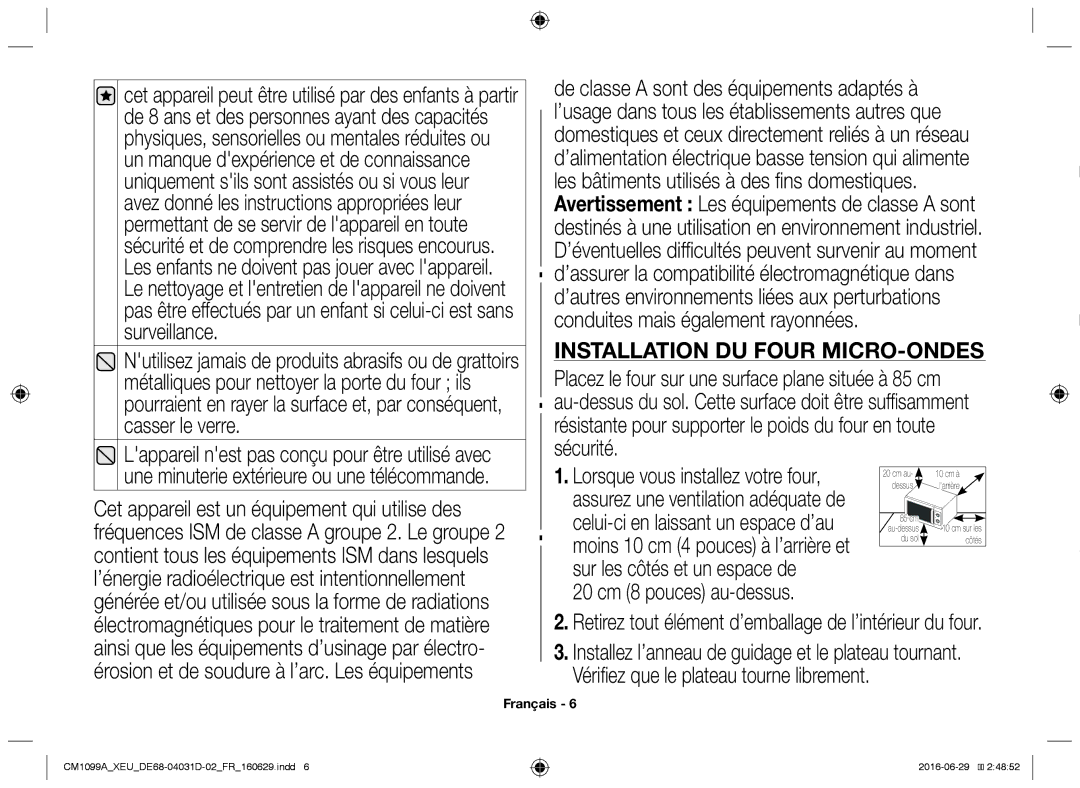 Samsung CM1099A/XEU manual Installation du four micro-ondes, 20 cm 8 pouces au-dessus 