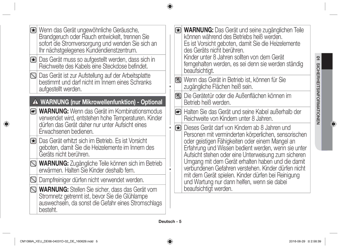 Samsung CM1099A/XEU manual Warnung nur Mikrowellenfunktion Optional 