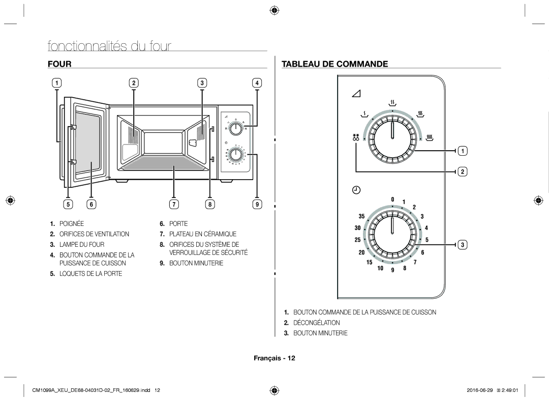 Samsung CM1099A/XEU manual Fonctionnalités du four, Four Tableau de commande, Poignée Orifices DE Ventilation Lampe DU Four 