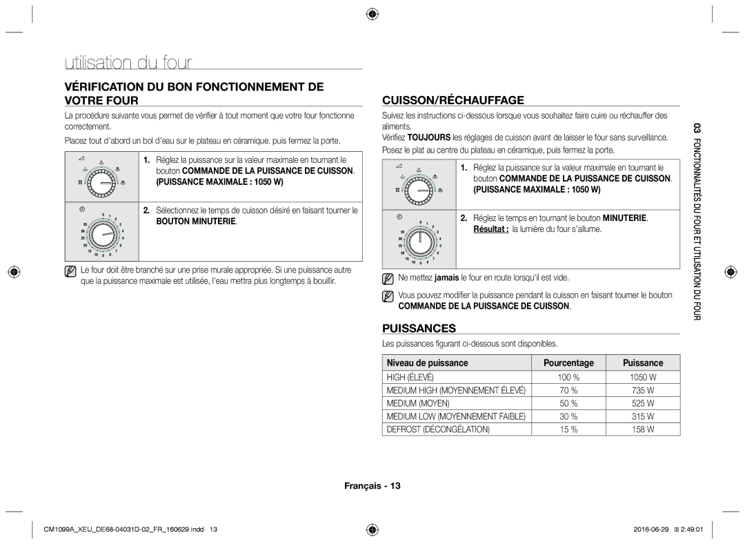 Samsung CM1099A/XEU Utilisation du four, Vérification du bon fonctionnement de votre four, Cuisson/Réchauffage, Puissances 