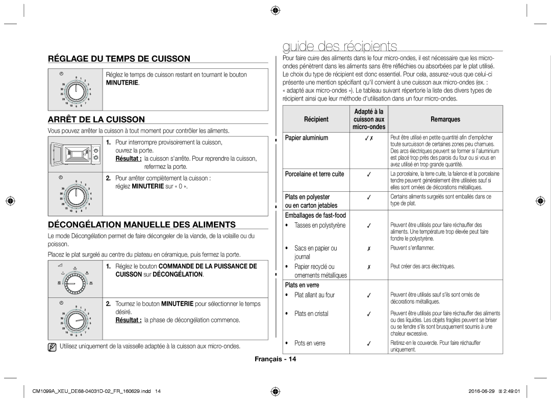 Samsung CM1099A/XEU manual Guide des récipients, Réglage du temps de cuisson, Arrêt de la cuisson 