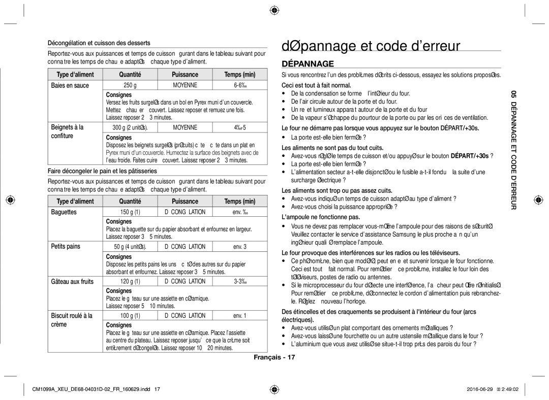 Samsung CM1099A/XEU manual Dépannage et code derreur 