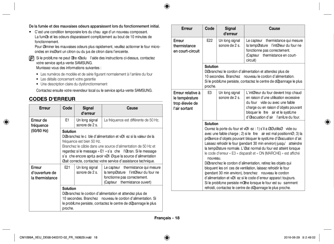 Samsung CM1099A/XEU manual Codes derreur, Erreur Code Signal Cause, Derreur, Solution 