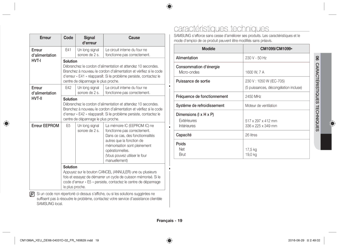 Samsung CM1099A/XEU manual Caractéristiques techniques, Erreur Code Signal Cause Derreur, Modèle CM1099/CM1099 