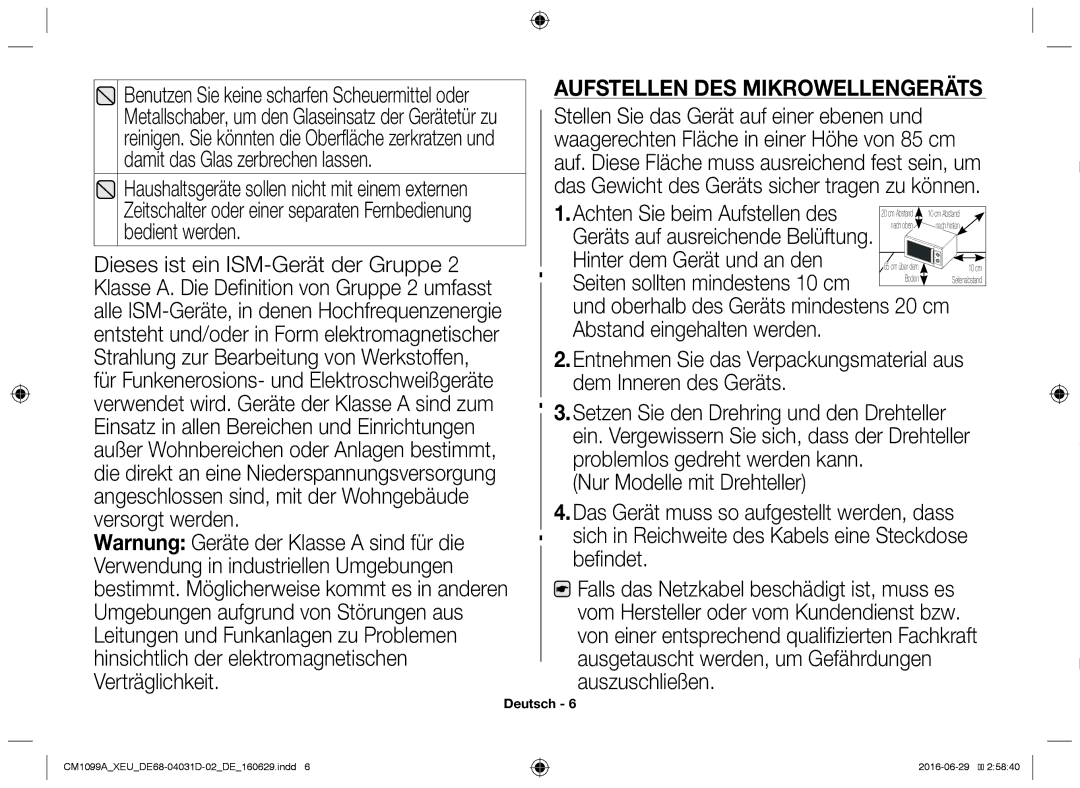 Samsung CM1099A/XEU manual Aufstellen des Mikrowellengeräts, Achten Sie beim Aufstellen des, Hinter dem Gerät und an den 