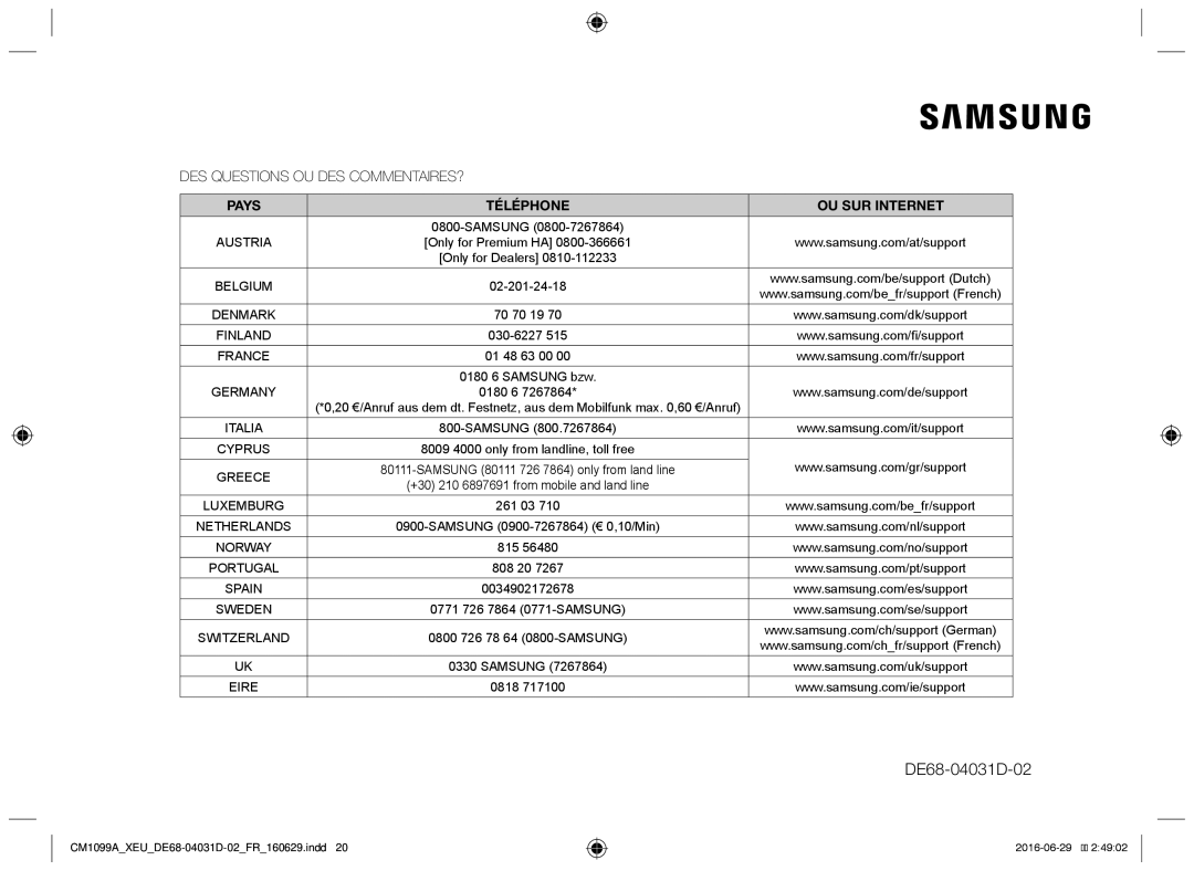 Samsung CM1099A/XEU manual DES Questions OU DES COMMENTAIRES?, Pays Téléphone OU SUR Internet 