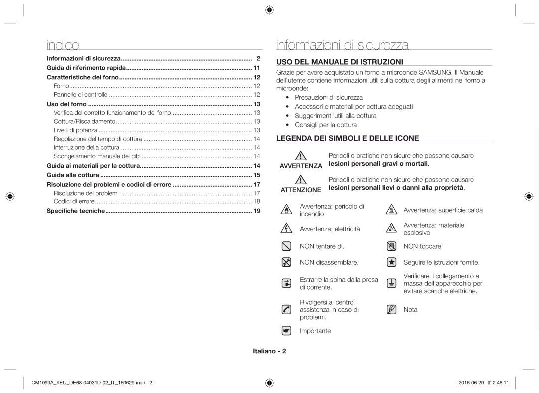 Samsung CM1099A/XEU manual Informazioni di sicurezza, Avvertenza Attenzione, Italiano, Regolazione del tempo di cottura 