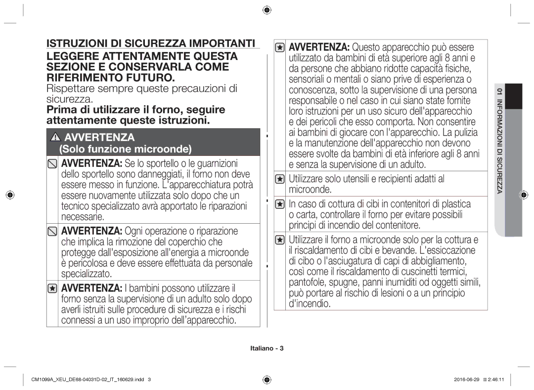 Samsung CM1099A/XEU manual Rispettare sempre queste precauzioni di sicurezza, Icuirezzas d mazionifor 