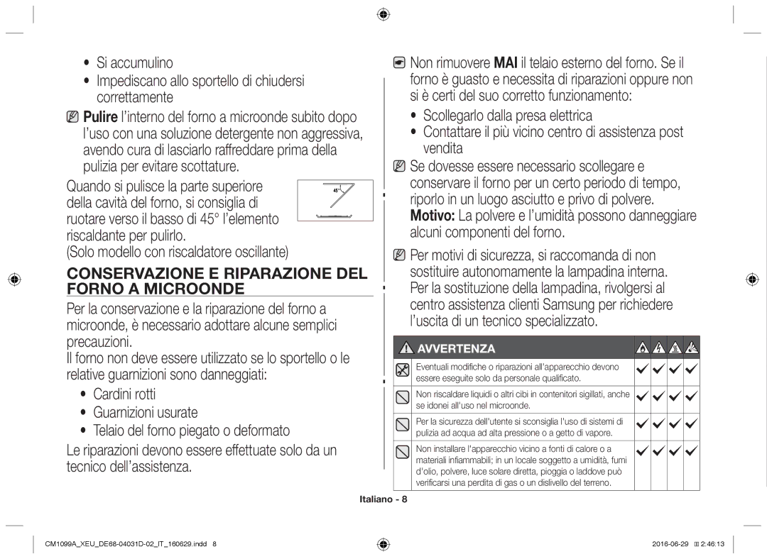 Samsung CM1099A/XEU manual Solo modello con riscaldatore oscillante, Conservazione e riparazione del forno a microonde 