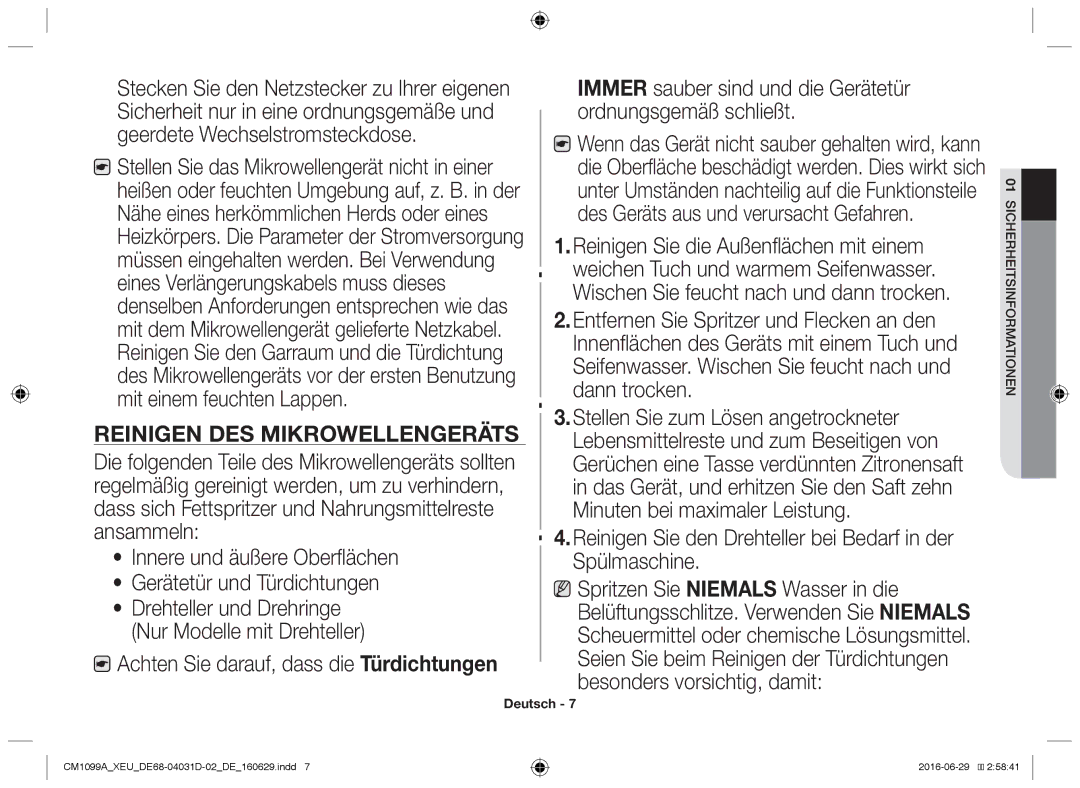 Samsung CM1099A/XEU manual Reinigen des Mikrowellengeräts, Reinigen Sie den Drehteller bei Bedarf in der Spülmaschine 