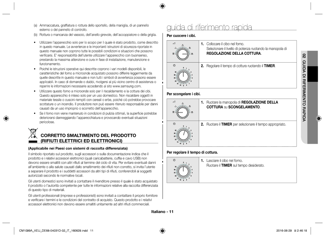 Samsung CM1099A/XEU Guida di riferimento rapida, Per cuocere i cibi, Regolazione Della Cottura, Per scongelare i cibi 