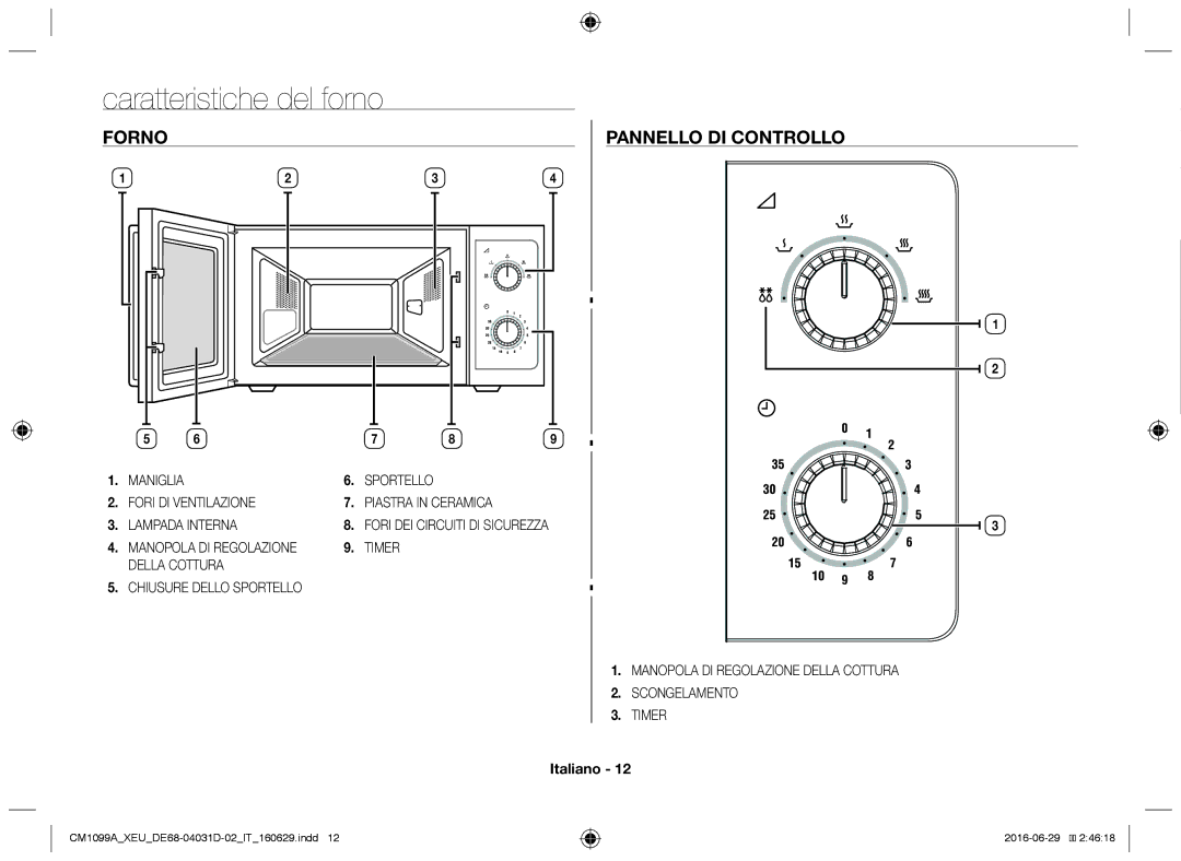 Samsung CM1099A/XEU manual Caratteristiche del forno, Forno, Pannello di controllo, Timer Della Cottura 