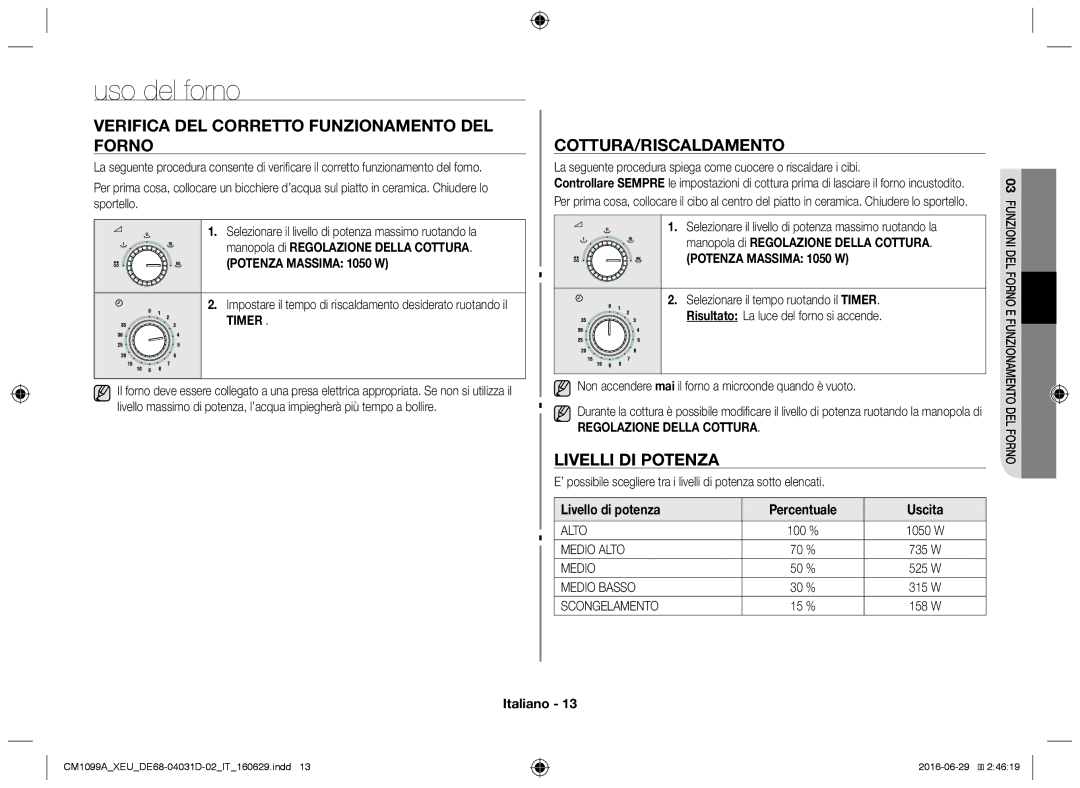 Samsung CM1099A/XEU manual Uso del forno, Verifica del corretto funzionamento del forno, Cottura/Riscaldamento 