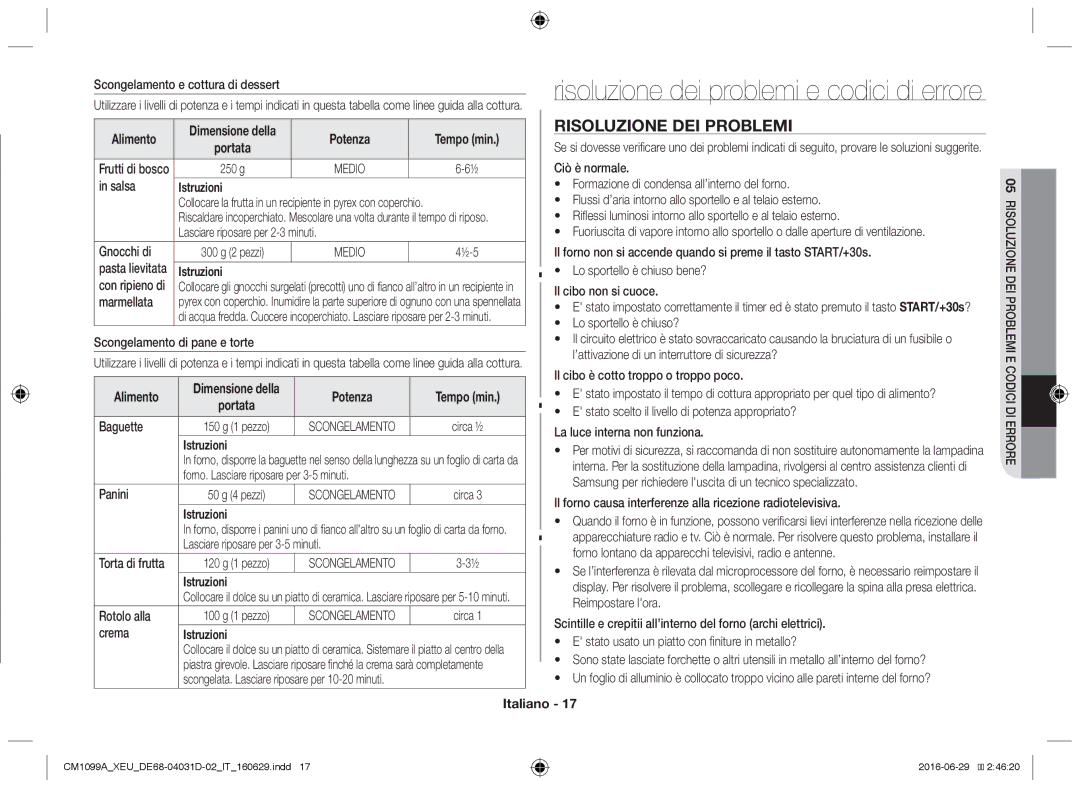 Samsung CM1099A/XEU manual Risoluzione dei problemi e codici di errore 