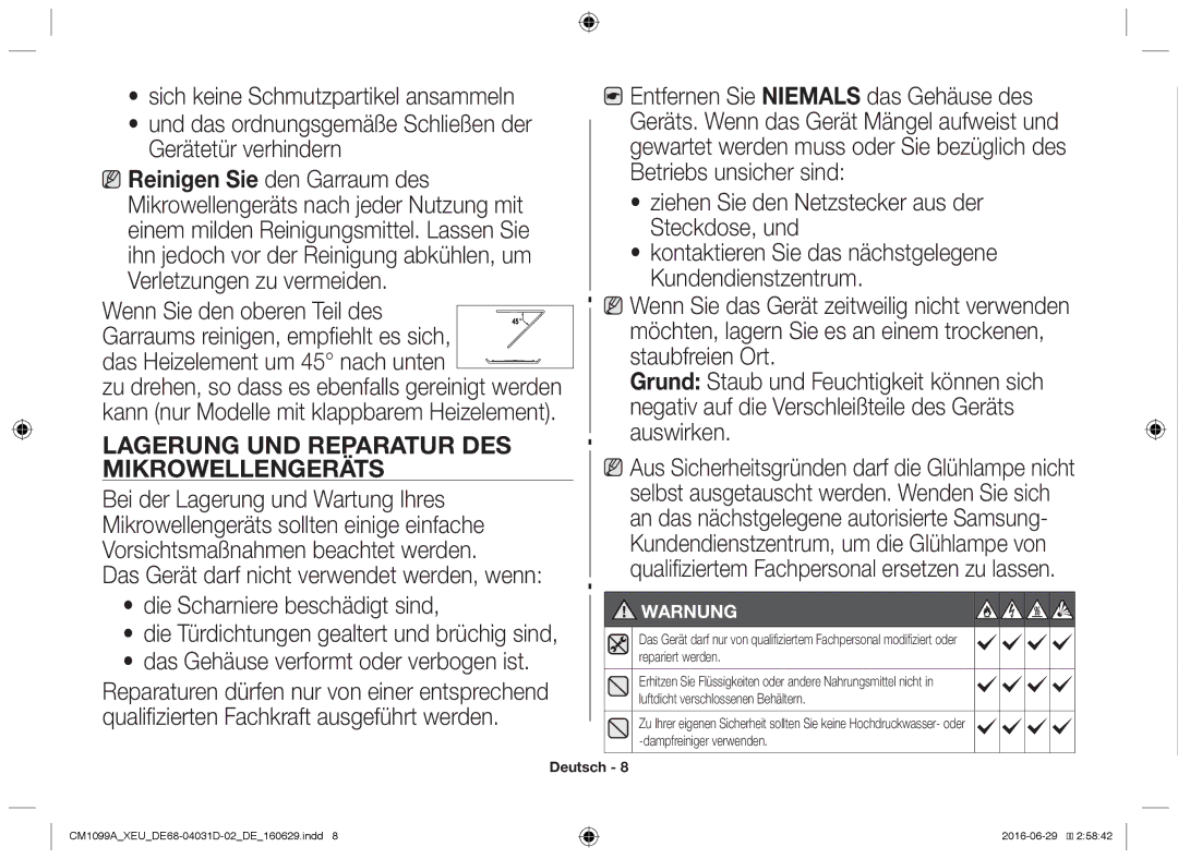 Samsung CM1099A/XEU manual Lagerung und Reparatur des, Mikrowellengeräts 