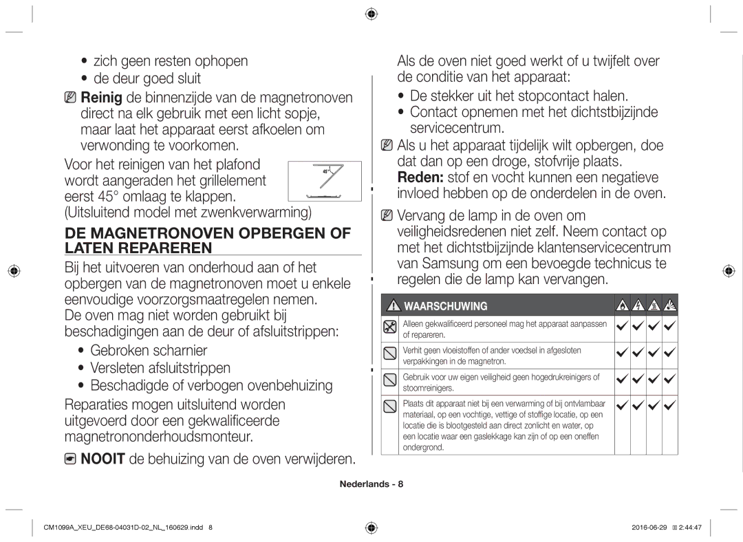 Samsung CM1099A/XEU manual Zich geen resten ophopen De deur goed sluit, Uitsluitend model met zwenkverwarming, Waarschuwing 