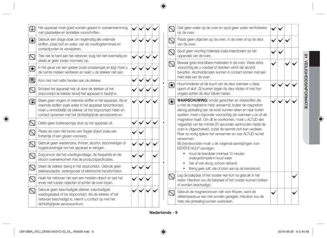 Samsung CM1099A/XEU manual Kom niet met natte handen aan de stekker, Oefen geen buitensporige druk op het apparaat uit 