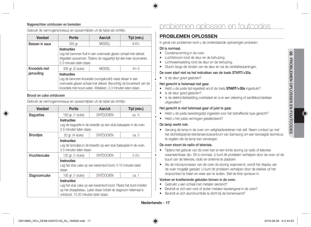 Samsung CM1099A/XEU manual Problemen oplossen en foutcodes 