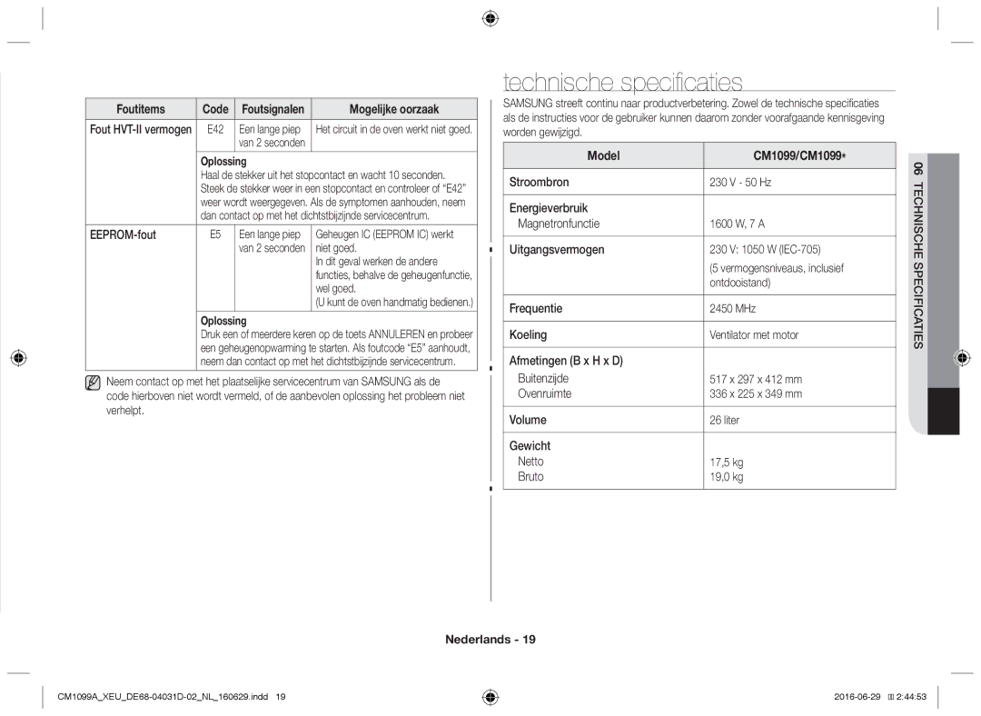 Samsung CM1099A/XEU manual Technische specificaties, Model CM1099/CM1099 