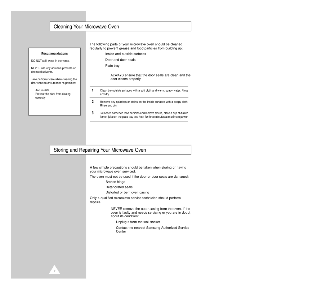 Samsung CM1229B manual Cleaning Your Microwave Oven, Storing and Repairing Your Microwave Oven, Recommendations 