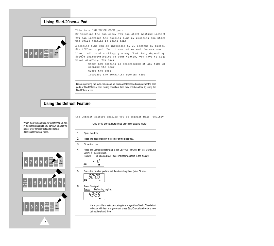 Samsung CM1229B manual Using Start/20sec.+ Pad, Using the Defrost Feature 