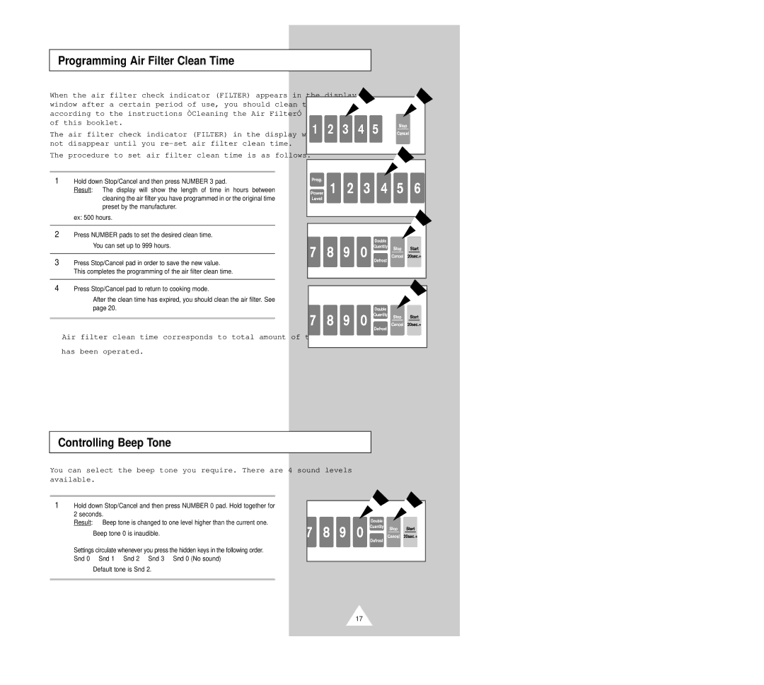 Samsung CM1229B manual Programming Air Filter Clean Time, Controlling Beep Tone, Default tone is Snd 
